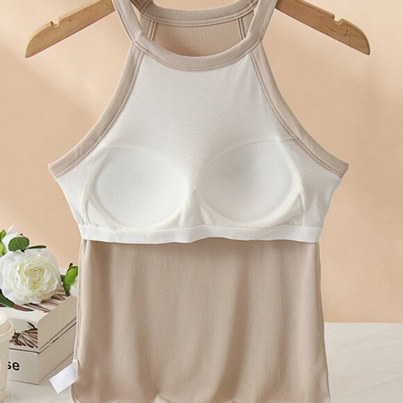 Grecian Neck Tank With Chest Pads Classic Ribbed Halter Tank Neutral Yoga - Picture 5 of 6